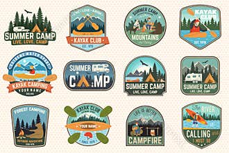 Set of summer camp, canoe and kayak club badges. Vector. For patch. Design with camping, mountain, river, american