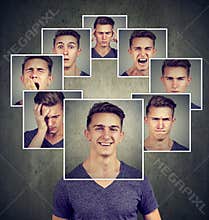 Portrait of a happy masked young man expressing different emotions