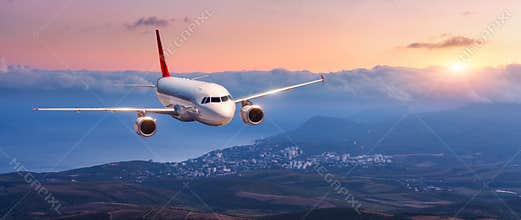Landscape with white airplane is flying in the orange sky
