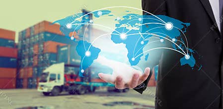 Global network coverage world map on hand of businessman ,Industrial Container Cargo freight ship at habor for Logistic Import Ex