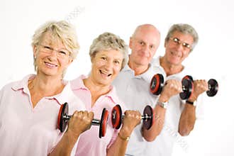 Mature older people lifting weights