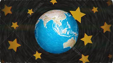 Cartoon pastel planet earth globe spin in stars space background seamless endless loop new quality unique handmade