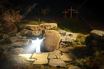 The resurrected Jesus, God, Christ, Messiah, Savior comes out of the grave during Resurrection