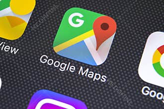 Google Maps application icon on Apple iPhone X screen close-up. Google Maps icon. Google maps application. Social media network