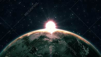Beautiful sunrise view from space on Planet Earth. World close up rotating in Universe of blue sky stars. High detailed 4k 3D Rend