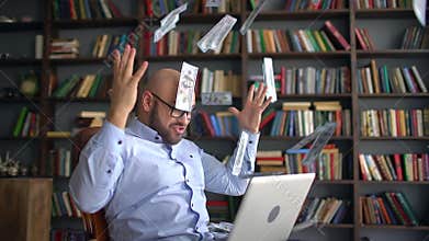 Business, people, success and fortune concept - happy businessman with dollar money and laptop computer sitting at table