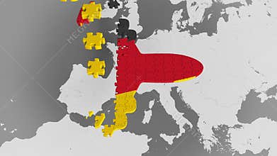 Airplane puzzle featuring flag of Germany against the world map. German tourism conceptual 3D animation