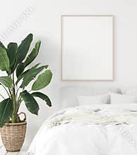 Mock-up poster frame in bedroom, Scandinavian style