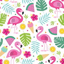 Cheerful tropical seamless pattern with pink flamingo
