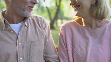 Smiling old couple embracing, posing for camera, well-being happiness, care