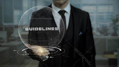 Profession tutor presenting Guidelines concept with hologram on his hand.