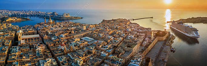 Valletta, Malta - Aerial panoramic view of Valletta with Mount Carmel church, St.Paul`s and St.John`s Cathedral