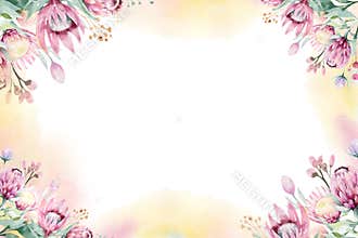 Watercolor Floral decoration spring summer background with blossom protea flower. Wedding decoration frame with floral