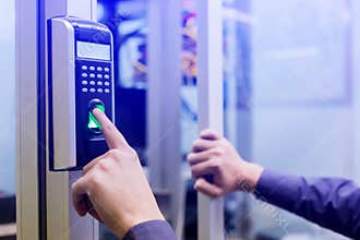 Staff push down electronic control machine with finger scan to access the door of control room or data center. The concept of data