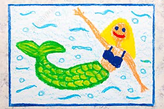 Drawing: Beautiful mermaid with green tail