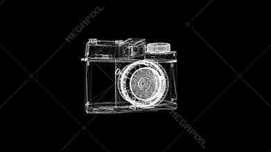 3D model of camera on black background. Animation. 3D x-ray image of camera is collected from particles and rotates on