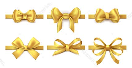 Golden ribbon bow. Holiday gift decoration, valentine present tape knot, shiny sale ribbons collection. Vector gold bows