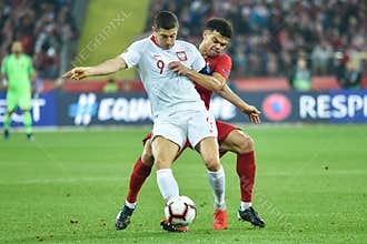 Poland vs Portugal 2:3 . In action Robert Lewandowski L and Pepe R