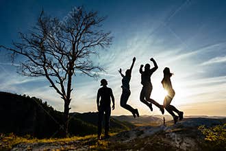 Friends have fun at sunset. Funny friends. A group of people in nature. Silhouettes of friends. Best friend. Friends traveling.