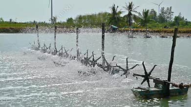 Water turbines are used to increase oxygen in aquaculture ponds video 4k