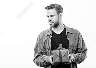 Happy birthday. Man share present. Handsome macho man. Love date. Romantic greeting. Boxing day. unshaven man with