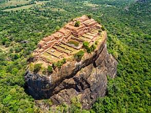 Aerial view from above of Sigiriya or the Lion Rock, an ancient fortress and a palace in Dambulla, Sri Lanka.