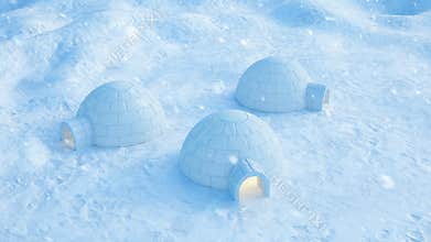 Igloo standing against the winter landscape and snowdrifts. Strong wind and snow storm, 3d animation