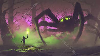 The boy with a torch facing giant spider