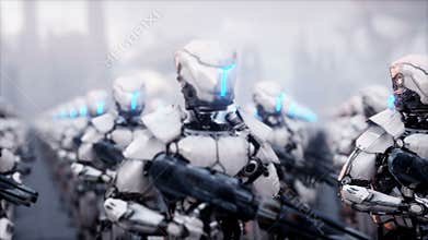 Invasion of military robots. Dramatic apocalypse super realistic concept. Future. 4k animation.