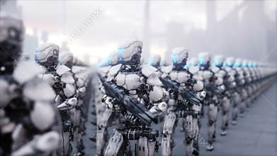 Invasion of military robots. Dramatic apocalypse super realistic concept. Future. 4k animation.