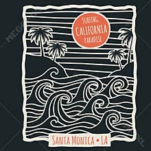 Retro california summer beach surf vector t shirt vector design with palm trees and ocean waves