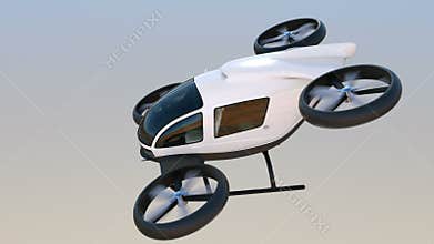 White self-driving passenger drone flying in the sky
