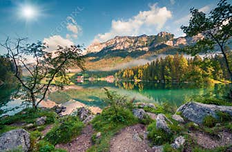 Sunny summer morning on Hintersee lake.