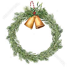 Watercolor Christmas rosemary wreath. Hand painted rosemary branch with bells, holly, mistletoe, candy and christmas