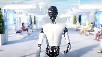 Female robot walking. Sci fi station. Futuristic monorail transport. Concept of future. People and robots. Realistic 4K