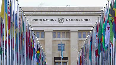 UN Office at Geneva seen through alley of member countries national flags