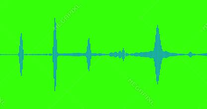 Blue digital equalizer audio spectrum sound waves on chroma key green screen background, stereo sound effect signal