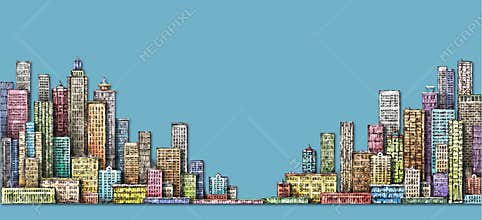City panorama, hand drawn cityscape, architecture illustration