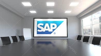 SAP SE logo on the screen in a meeting room. Editorial 3D animation