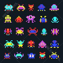Space aliens vintage video computer arcade game pixel vector monster icons