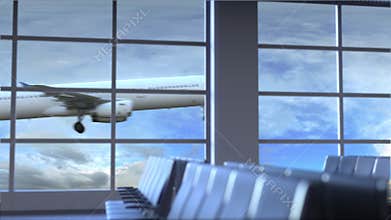 Commercial airplane landing at Amman international airport. Travelling to Jordan conceptual intro animation