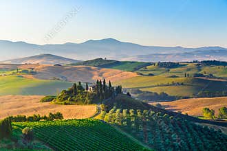 Scenic Tuscany landscape at sunrise, Val d`Orcia, Italy