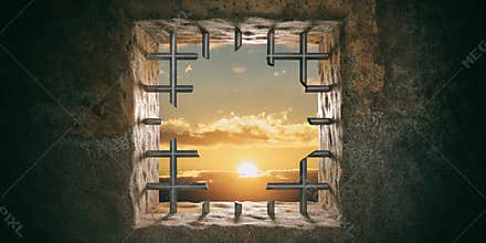 Escape, freedom. Prison, jail window with cut bars, sunset, sunrise view. 3d illustration