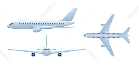 Air vehicles. Flying airplane, airliner. Passenger plane in different angles.