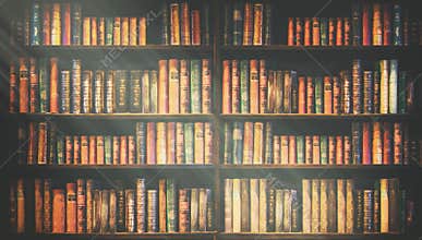 Blurred bookshelf Many old books in a book shop or library
