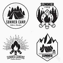 Vintage summer camp logo set. Camping badges and outdoor adventure emblems. Original typography with camping tent, bonfire.