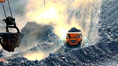 Modern technologies in the coal mining industry. Dump truck with graphic elements. The dump truck drives through the