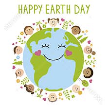 Cute planet Earth. Illustration with children, plants, trees and flowers around in Earth.