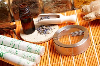 Acupuncture needles, moxa sticks and lavender