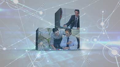 Animation of connections with icons over diverse businesspeople on screens over white space